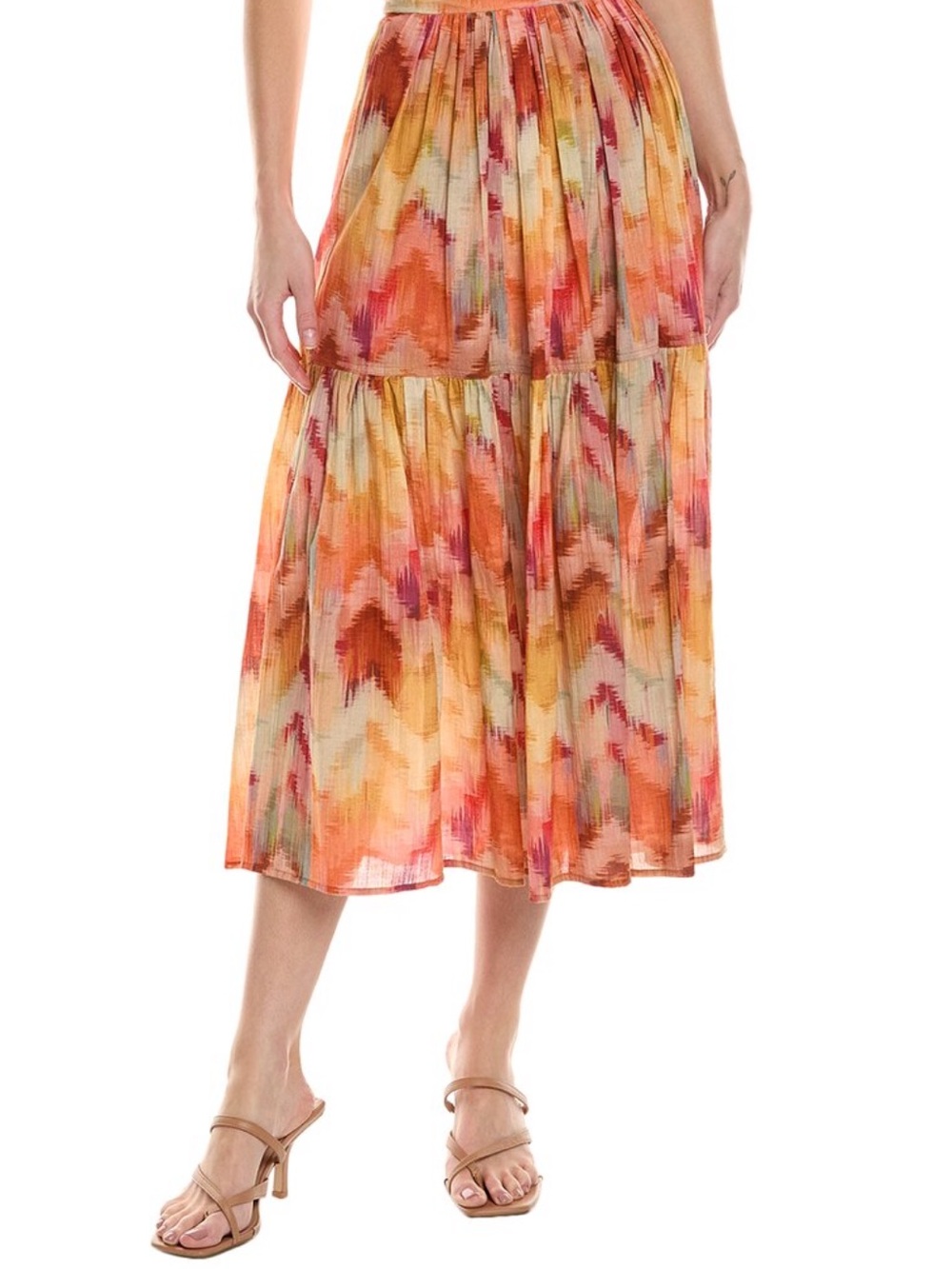 ba&sh Multicolor Pleated Tiered Midi Skirt in Orange, Pink & Yellow